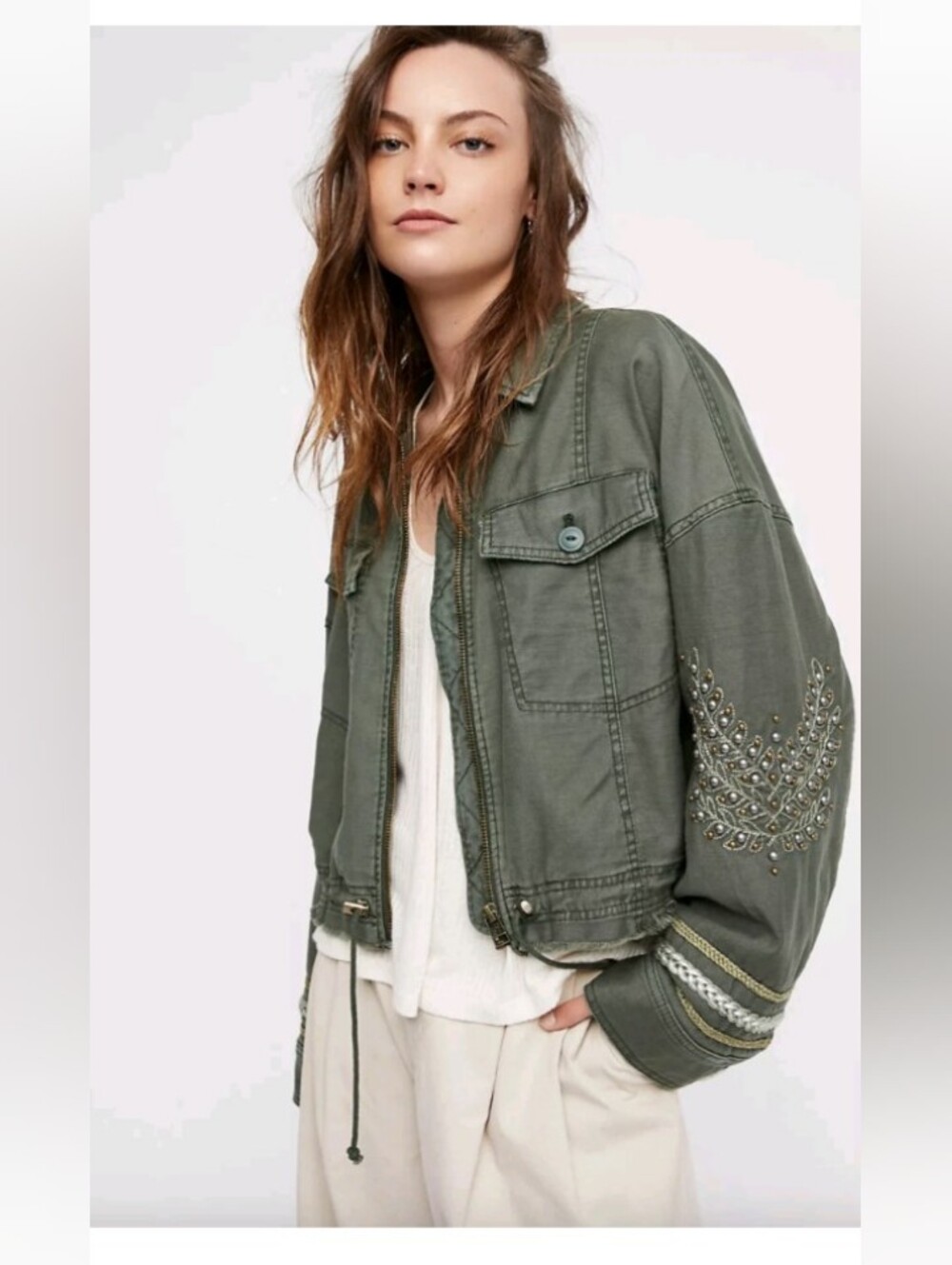 Free People Olive Embellished Utility Jacket with Beaded Sleeve
